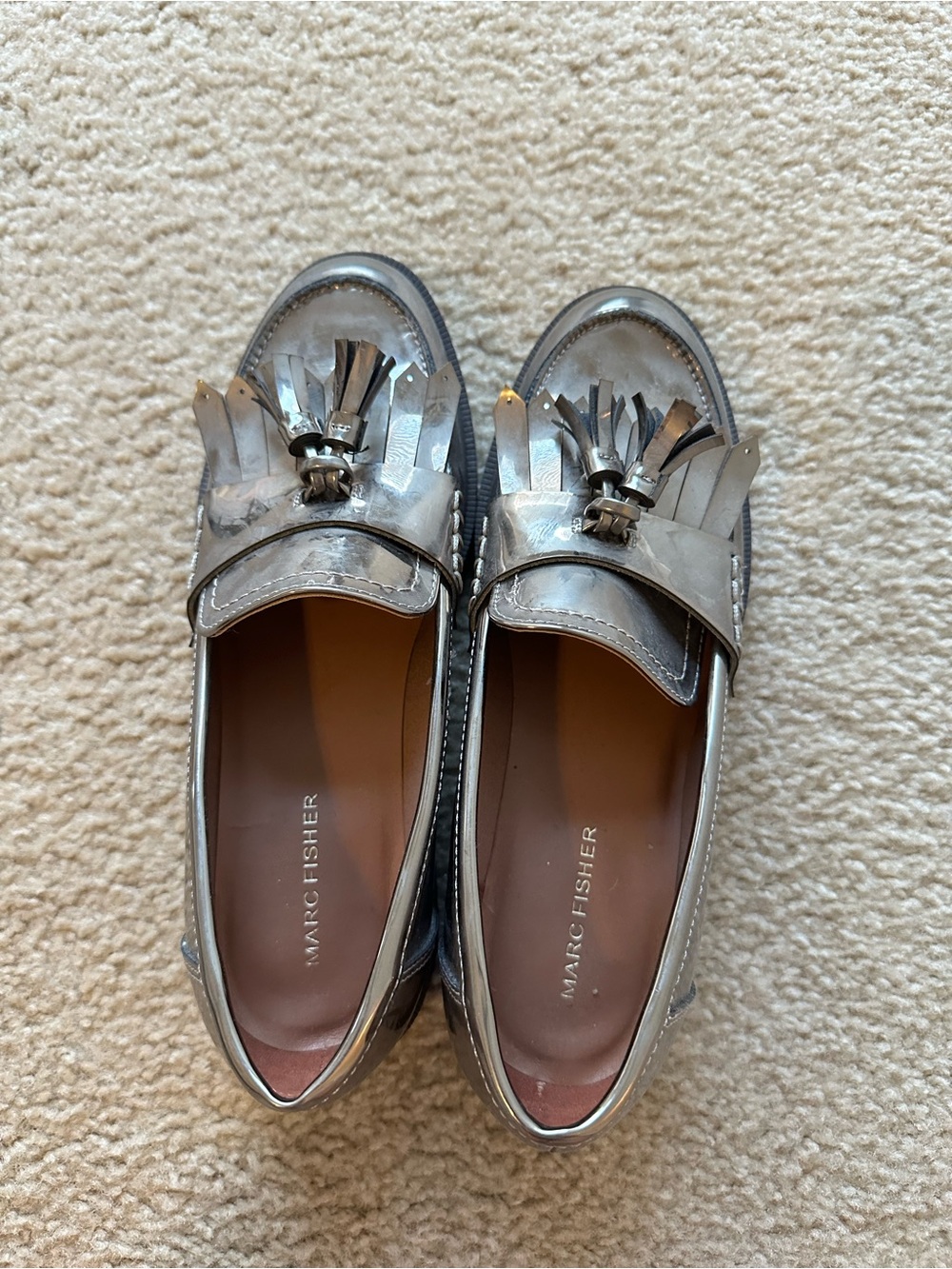 Marc Fisher Silver Metallic Tassel Loafers